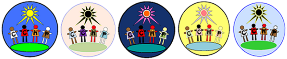 CCHP's logo. A drawing of five circles each with four children standing on a greenish round ground, each with diffract bright colored sun shining above them, each with different colored background.
