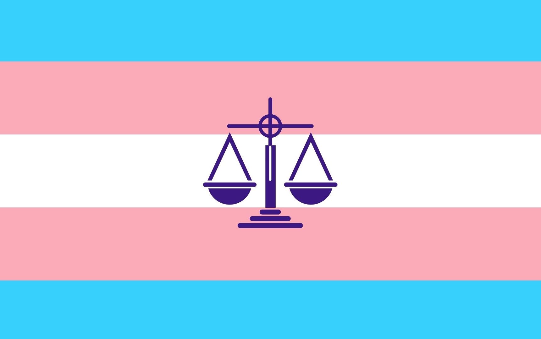 Blue, pink, and white strips of the trans pride flag with justice scales overlaid.