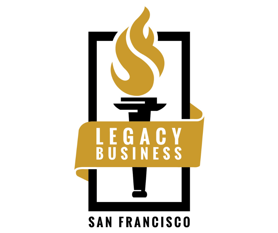 Gold flame made from an S and F with gold ribbon with white overlaid text: Legacy Business