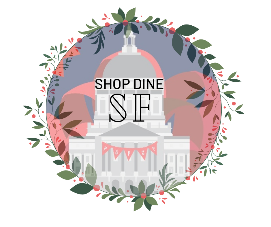 Circle illustration of City Hall with text overlaid reading Shop Dine SF, with a holiday wreath around it