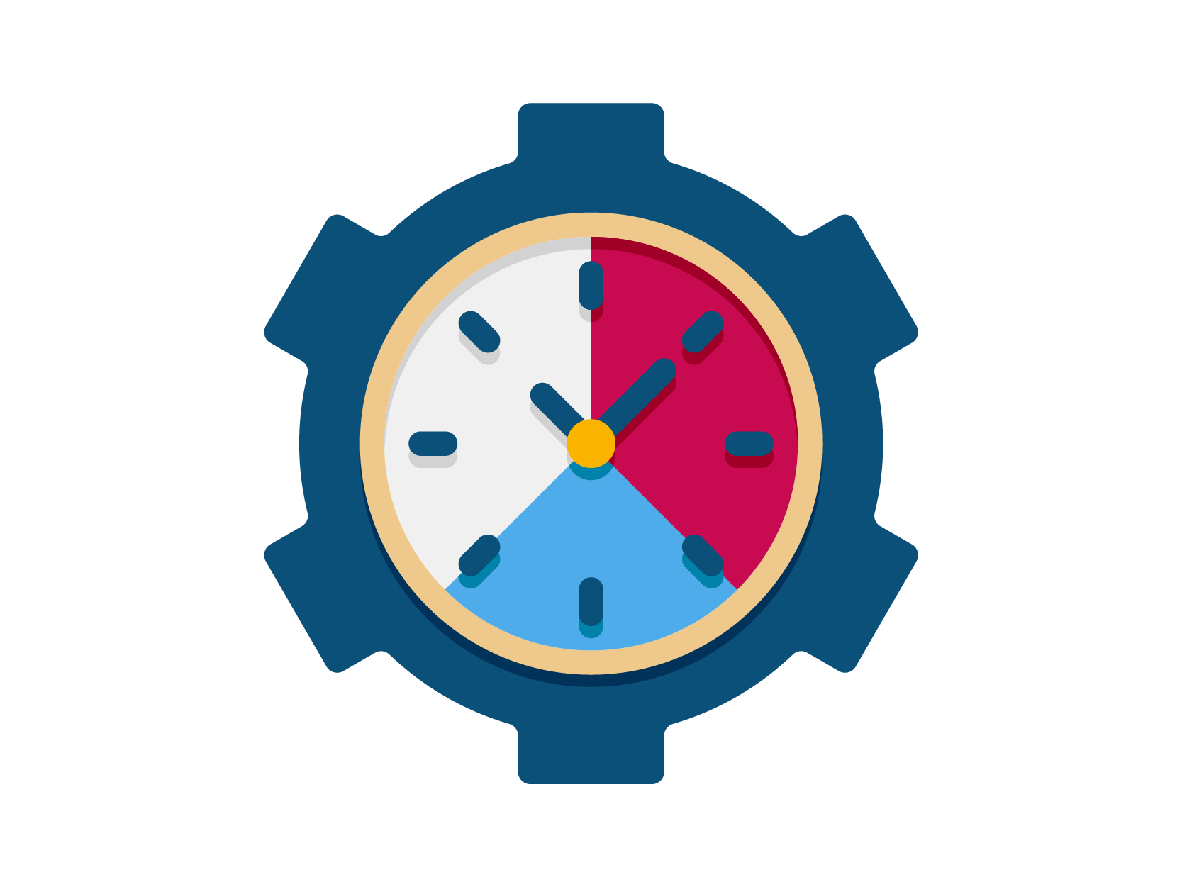 Clock with three evenly colored sectors in white, pink, and blue 