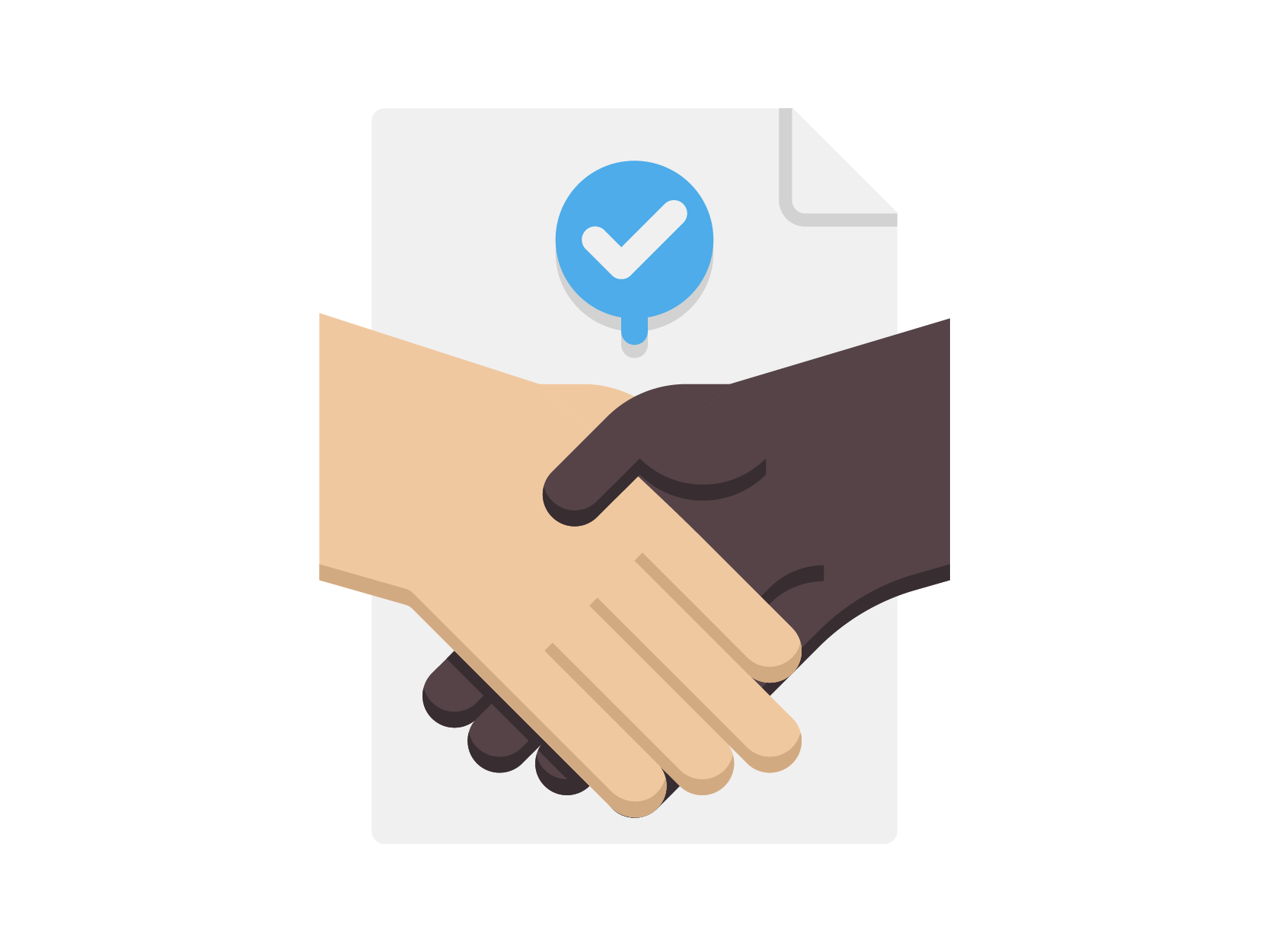 Two hands shaking over a document and a white and blue checkmark above it