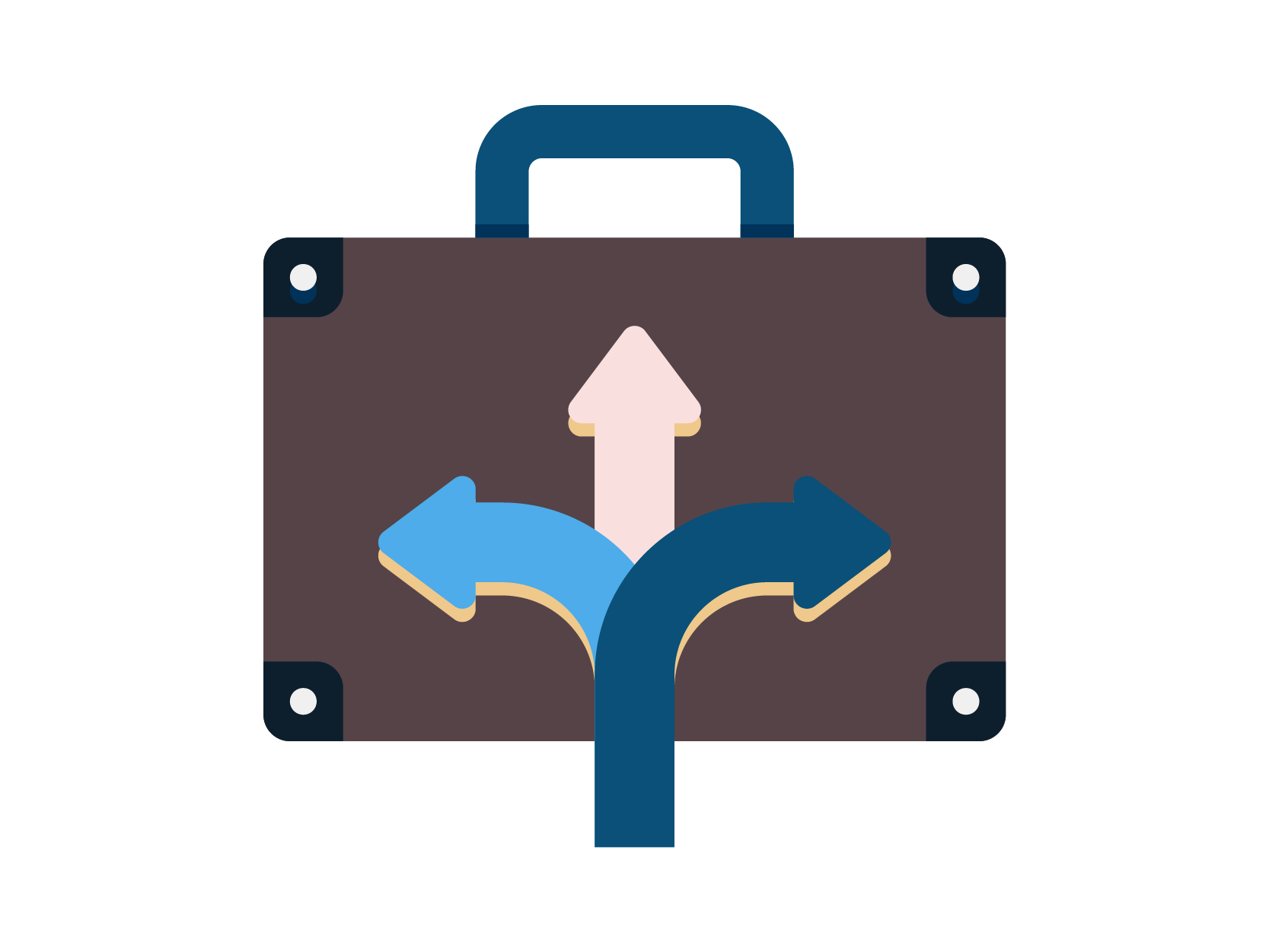 Arrows splitting into three separate directions above a brown suitcase