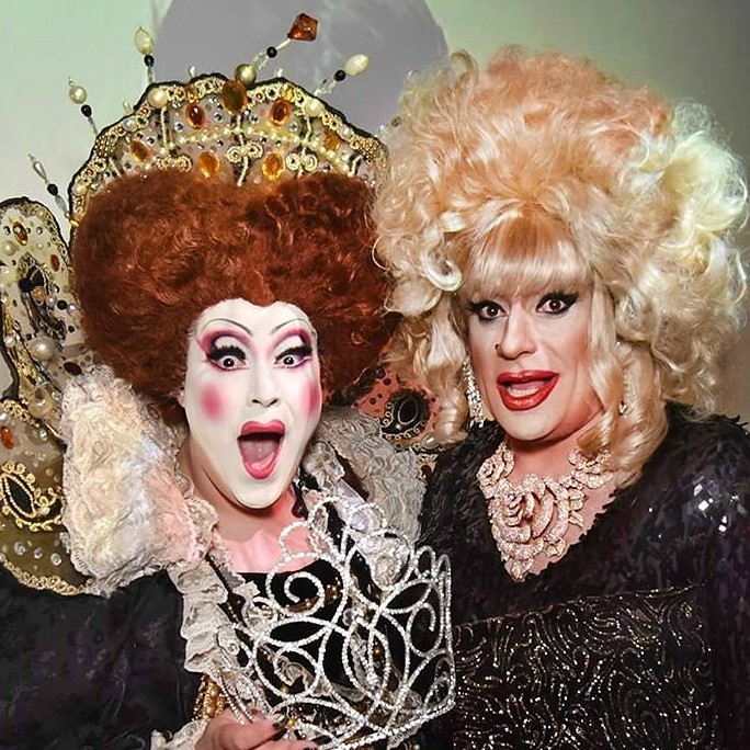 Two drag queens Kylie Minono and Heklina pose for a picture holding a crown at the Mother drag contest