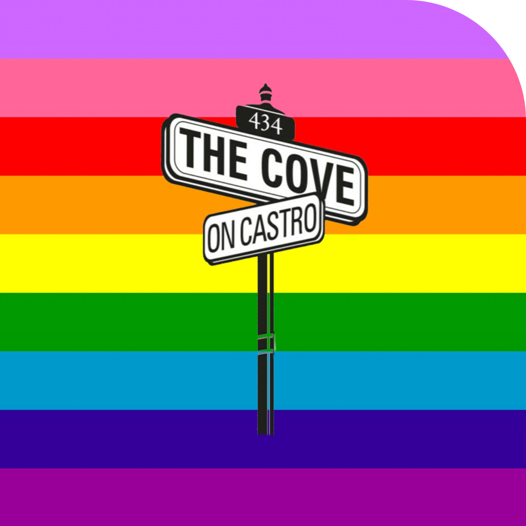 Rainbow graphic with street sign reading The Cove on Castro