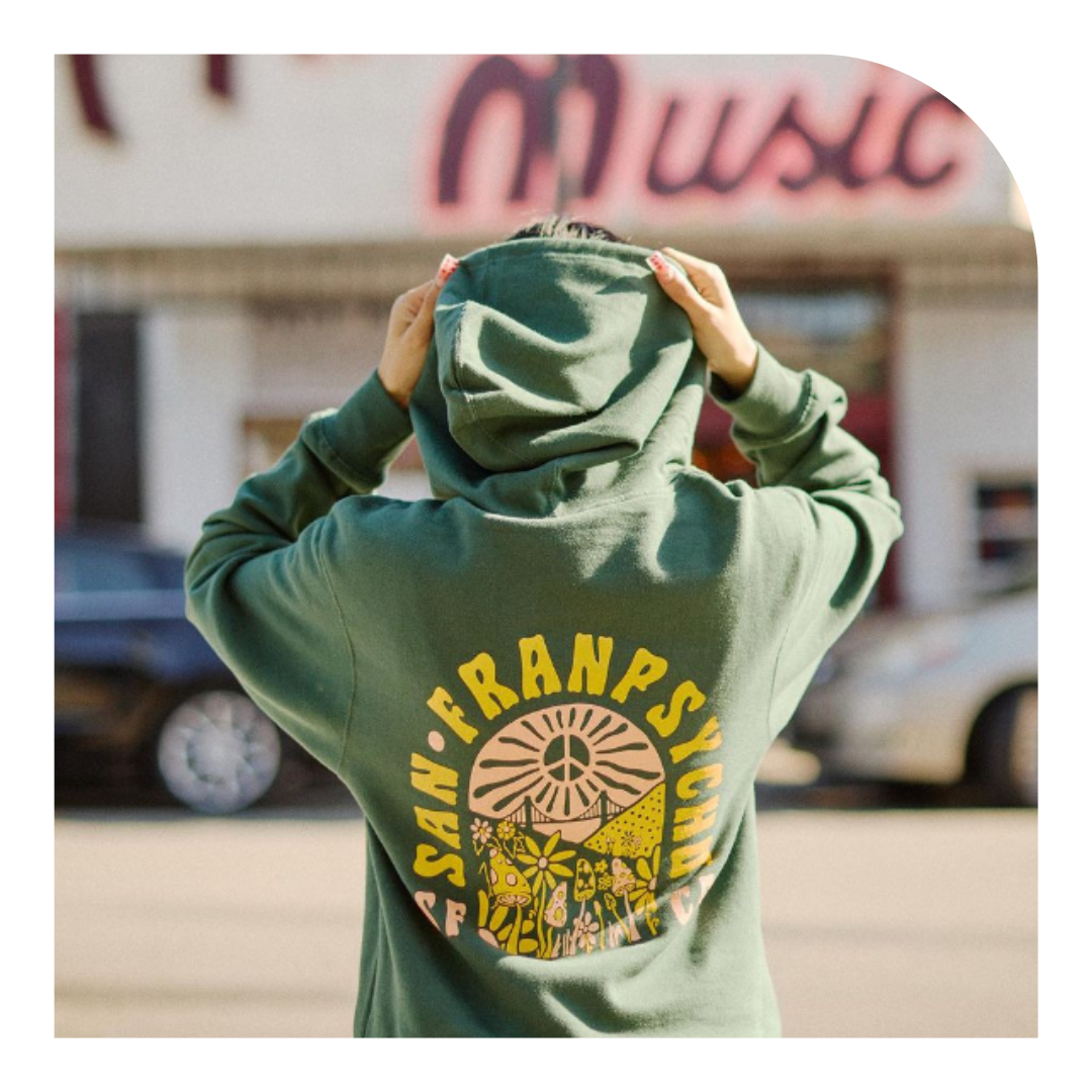 photo of the back of someone wearing a green hoodie