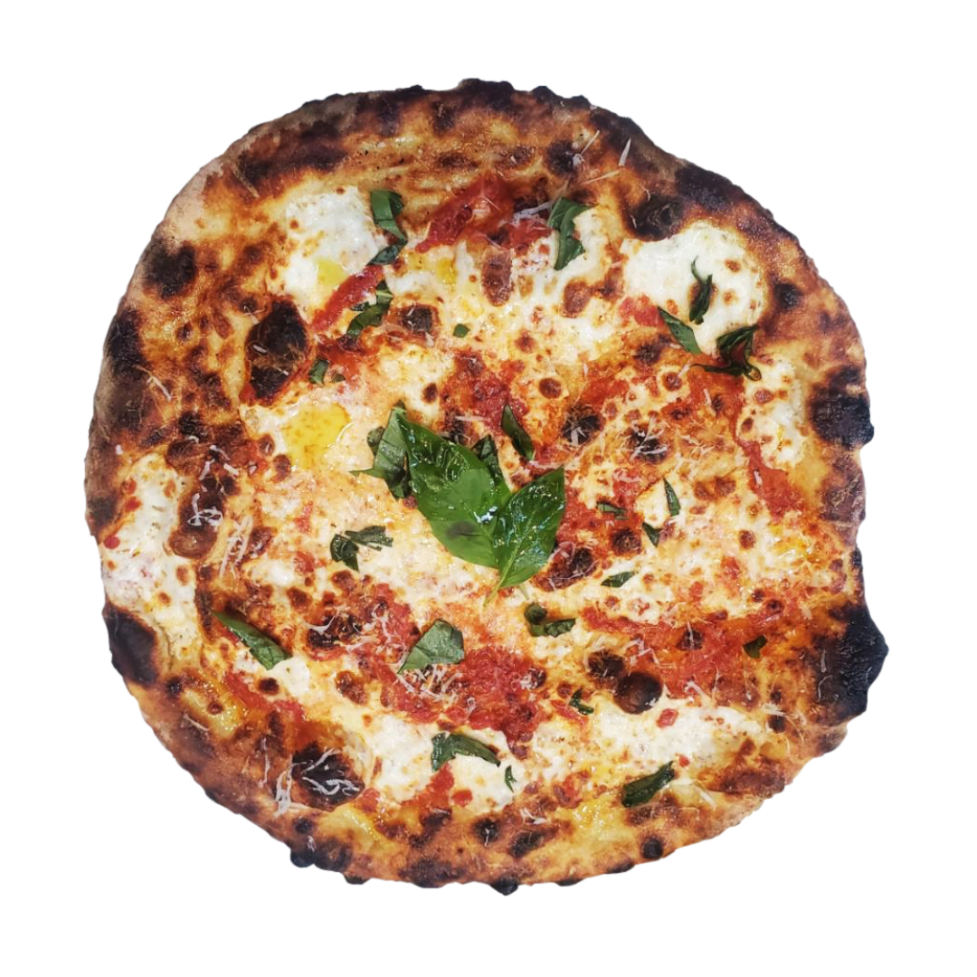 overhead photo of a pizza on a white background
