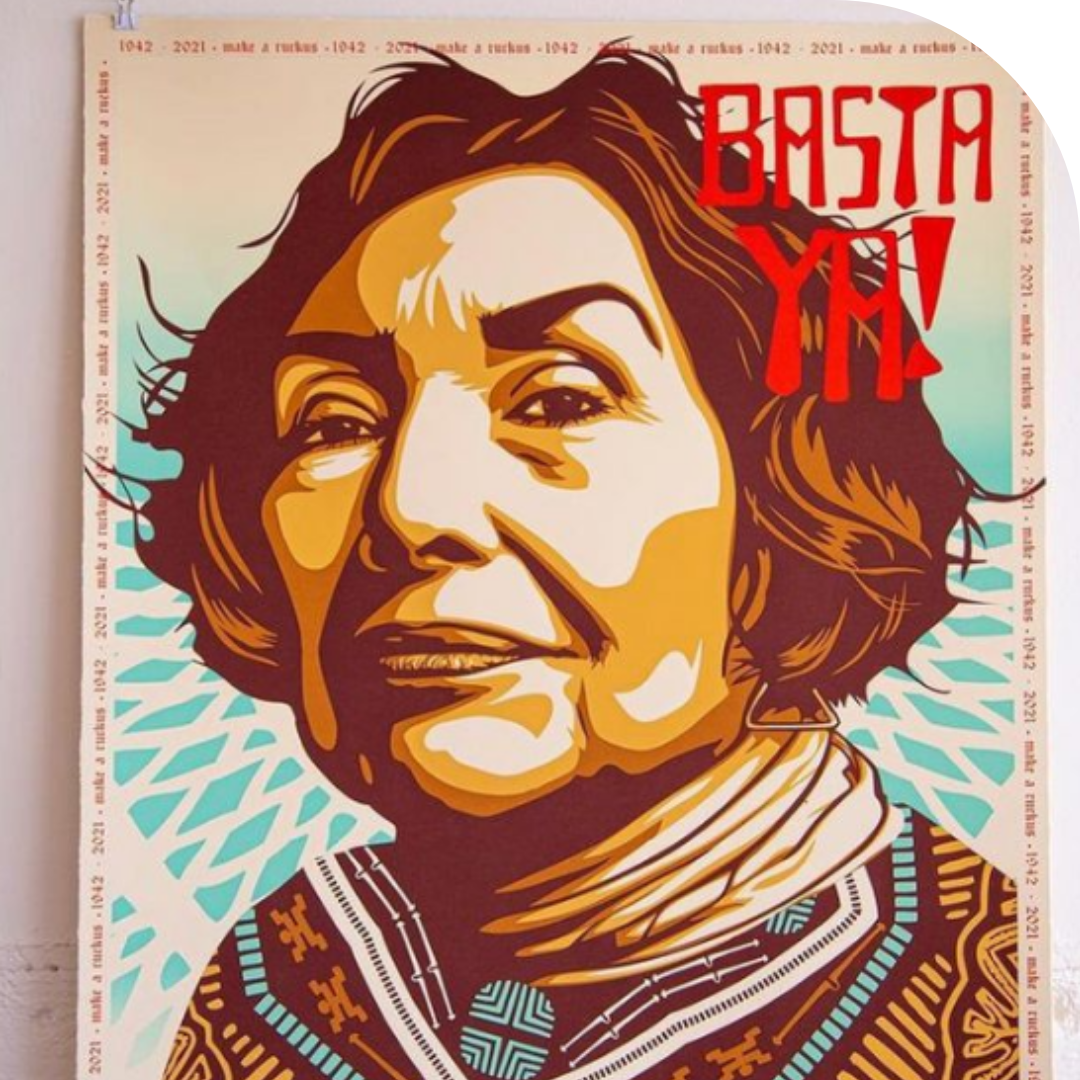 Painting of a woman with the words Basta Ya