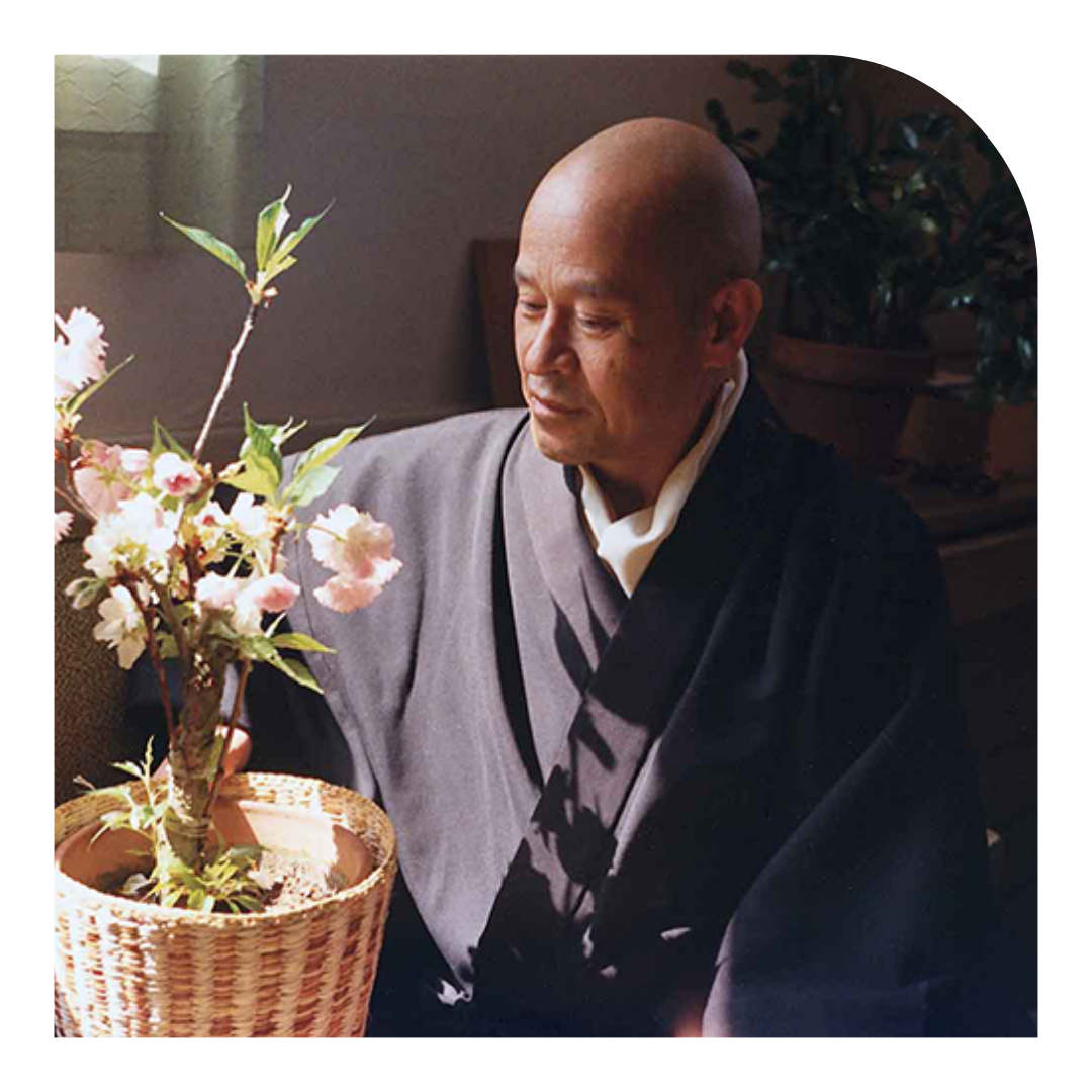 photo of a Buddhist monk next to an orchid