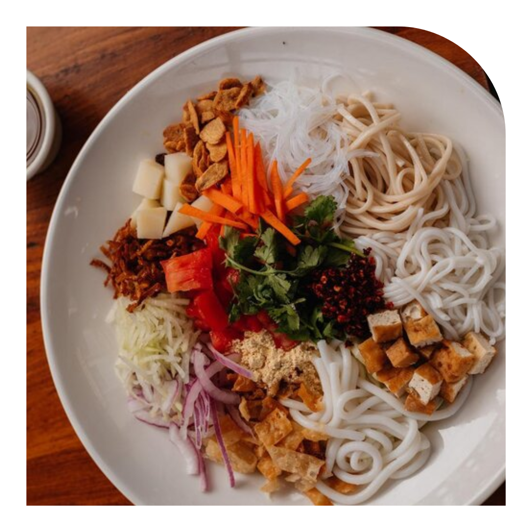 overhead photo of a plate of Burmese noodles