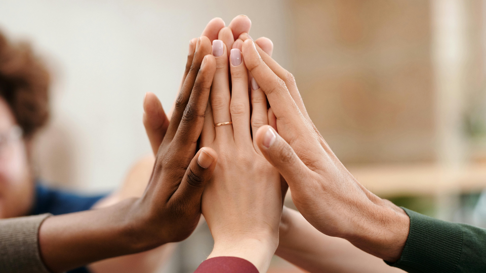 Hands meeting each other as a sign of unity and support. 