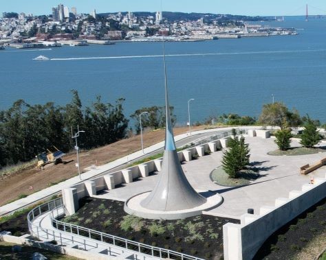 The Point of Infinity sculpture sits in Panorama Park with the San Francisco Bay behind it