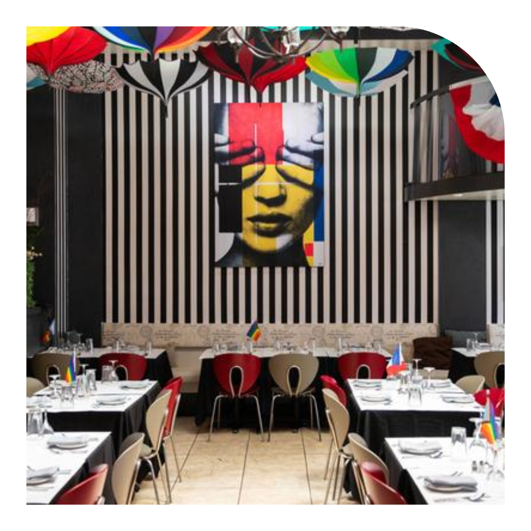 photo of a restaurant interior with stripes and artwork on the walls