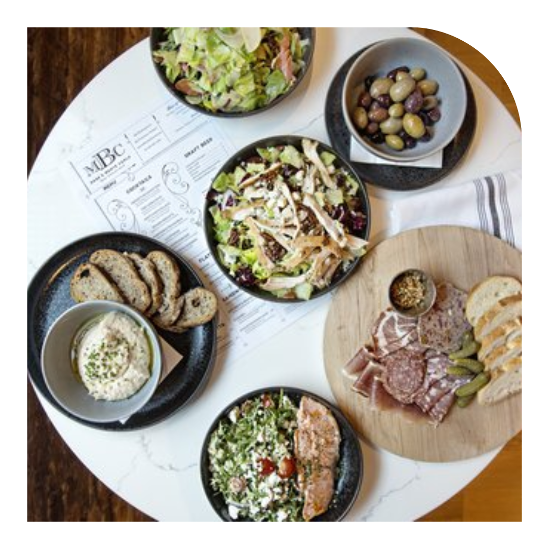 Overhead photo of plates of food on a round table