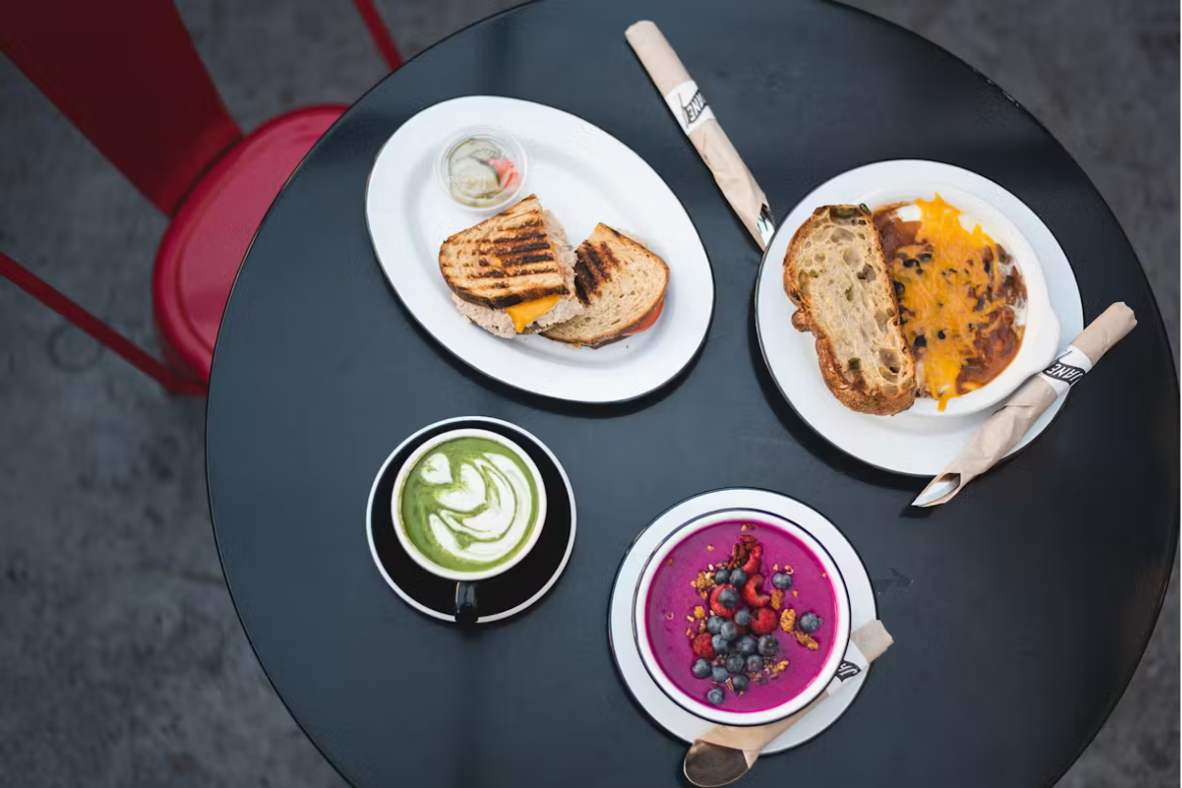 overhead photo of plates of food