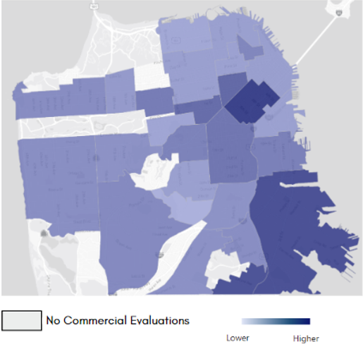 Map showing percent of evaluations with sidewalk clearance issues by neighborhood.