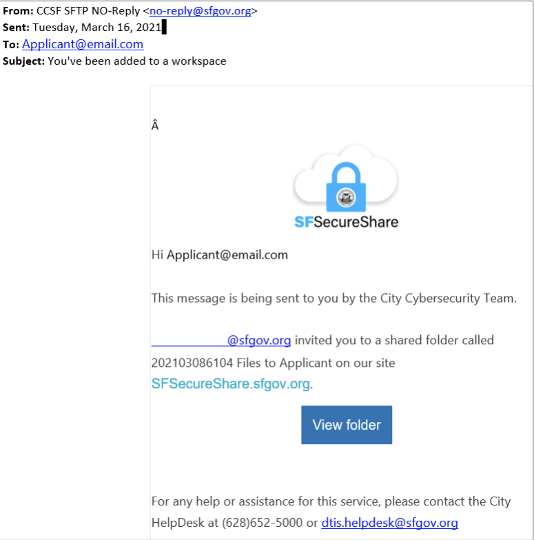 Screenshot of email invitation that includes a link to a shared folder