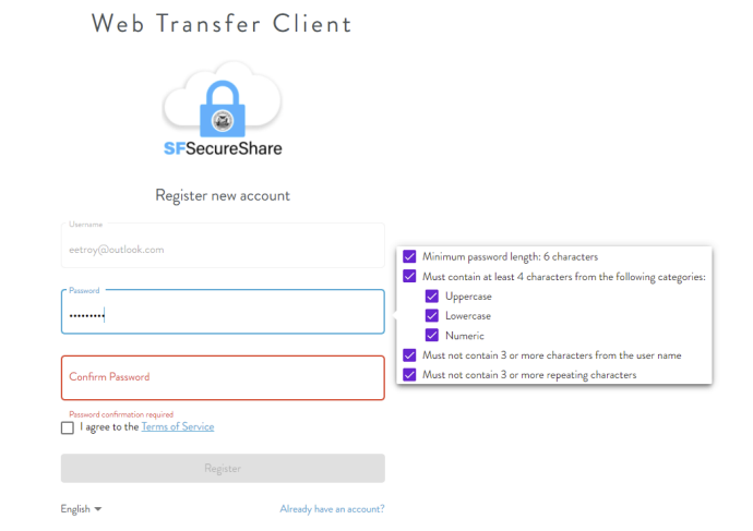 Screenshot of SF SecureShare registration and login page