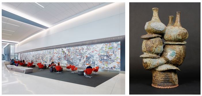 The lefthand image is Untitled, 2015 by Amy Ellingson, a 10-foot tall, 109 foot long, mosaic mural located at SFO terminal 3. On the right is Jugs on Jugs, 1960 by Robert Arneson, 27-inch-tall glazed ceramic stoneware vase.