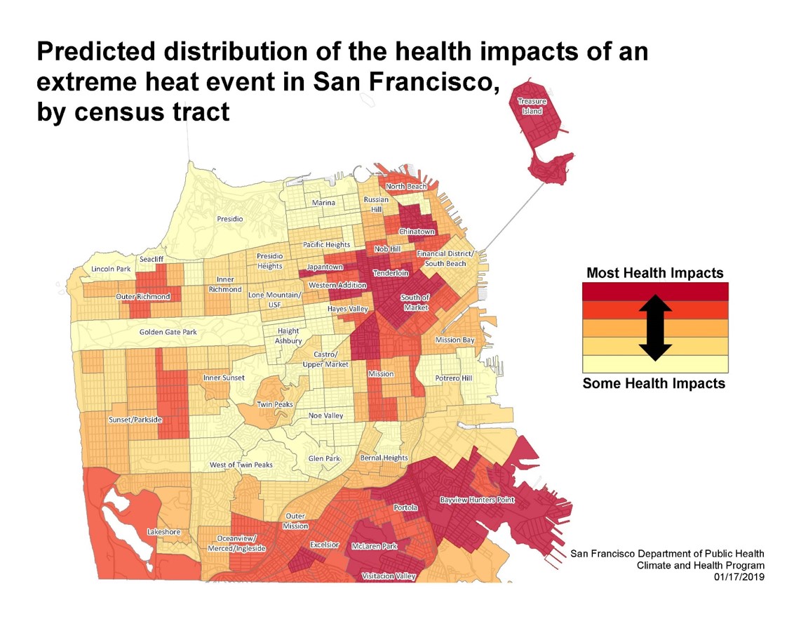 A map showing the predicted distribution of health impacts of an extreme heat event by census tract that shows vulnerability concentrated in the downtown and southeastern portions of the City.