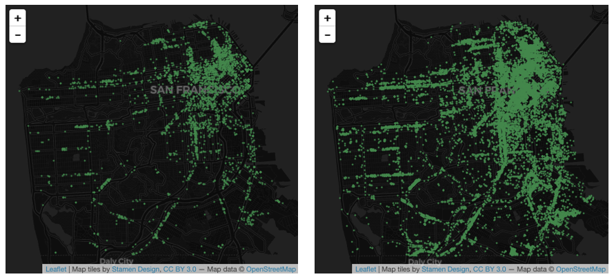 Two maps showing the distribution of commercial leads before and after the DataScienceSF project.
