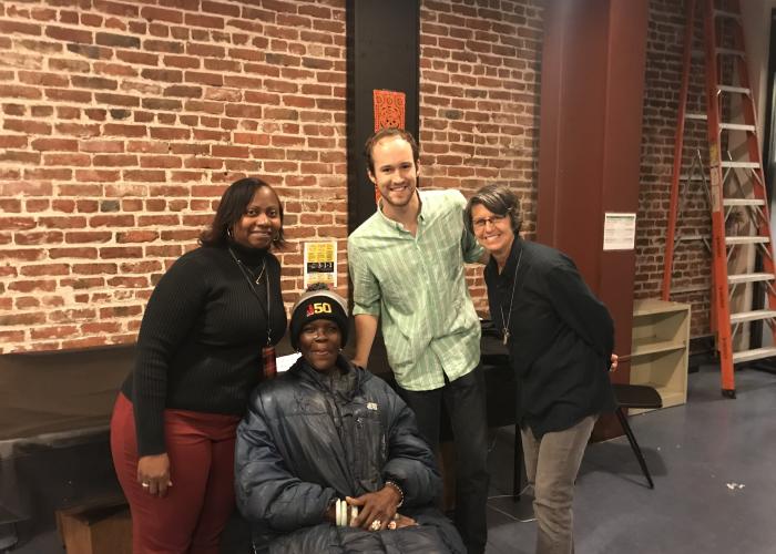 Pictured, left to right: Rachelle (on-site service provider), Janet (resident), Simon (mediator), Laura (director of on-site services).