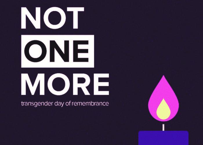 Image is for Transgender Day of Remembrance event for 2019. Text on screen reads, "Not One More: Transgender Day of Remembrance" Background in dark purple, with an animated image of a lit purple candle.