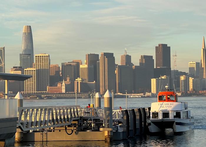 Image of the Treasure Island ferry sitting docked at Treasure Island ferry terminal