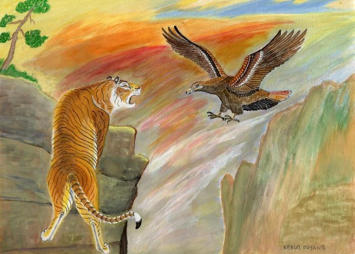 Drawing of a tiger and eagle