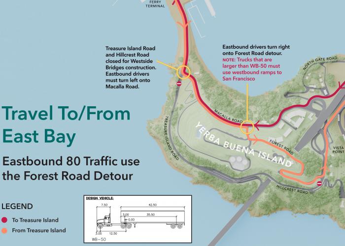 A traffic circulation map of Yerba Buena Island displaying vehicle routes to and from the YBI Bay Bridge ramps