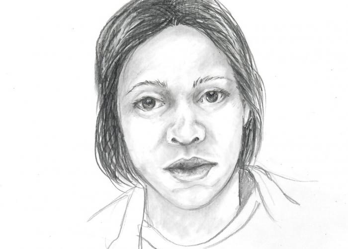 Pencil sketch of women's face with short, straight hair