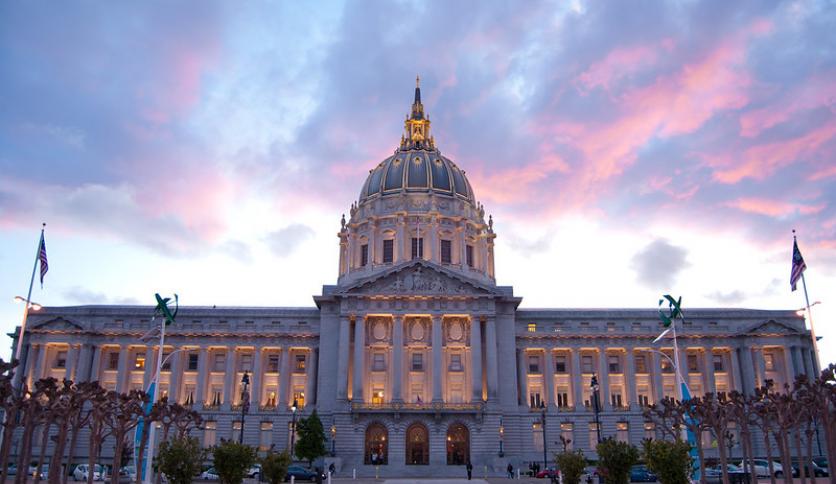 Pink sky over San Francisco City Hall.