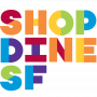 Logo in rainbow block letters reading Shop Dine Sf