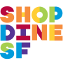 Logo in rainbow block letters reading Shop Dine Sf