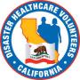 Disaster Healthcare Volunteer California white text with blue background circled around two people behind a golden california with a ca state flag across the bottom