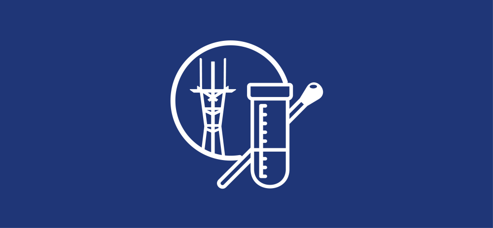Icon para sa kampanya ng GetTestedSF, na may mga larawan ng Sutro Tower, isang Eppendorf conical tube, at isang swab.