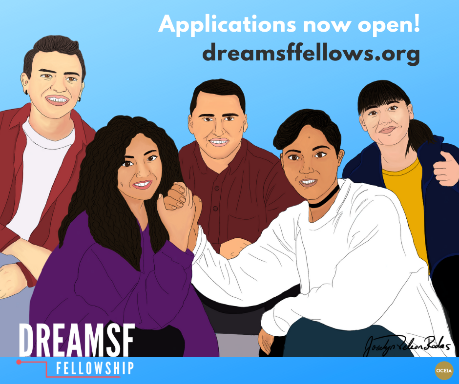 Illustration of several young adults, text reads" Applications now open! dreamsffellows.org"