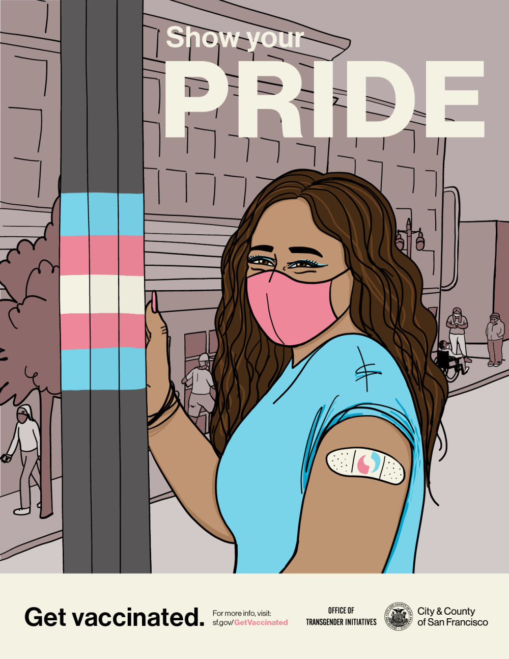 Drawing of a person with long brown hair wearing a mask and bandaid on their arm, and standing next to a pole in the Trans District with the trans pride flag colors.