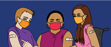 Illustration of 3 masked people sporting Band-Aids on their shoulders.