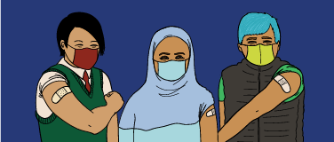 Illustration of 3 masked people sporting Band-Aids on their arms.