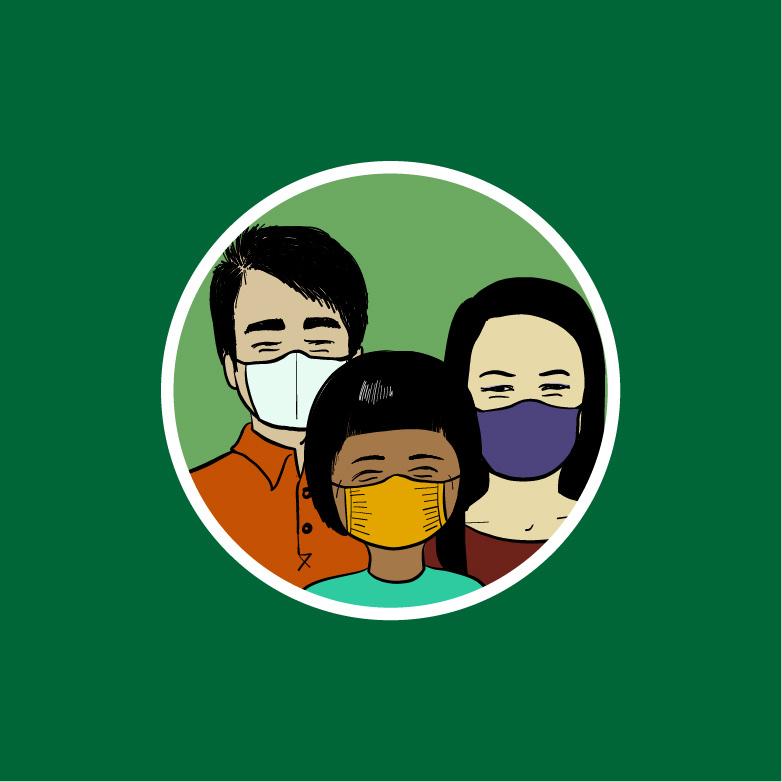 3 people wearing masks (drawing)