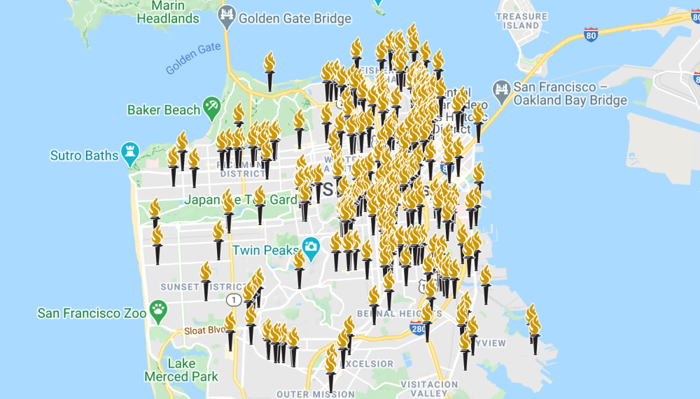 Map of San Francisco with icon over each Legacy Business location