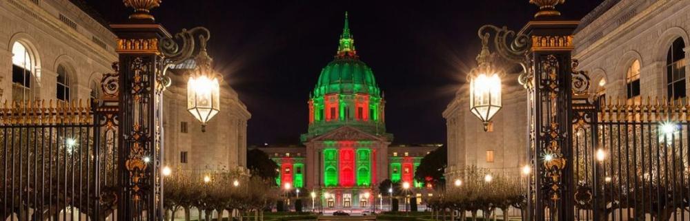 City Hall with red and green lights
