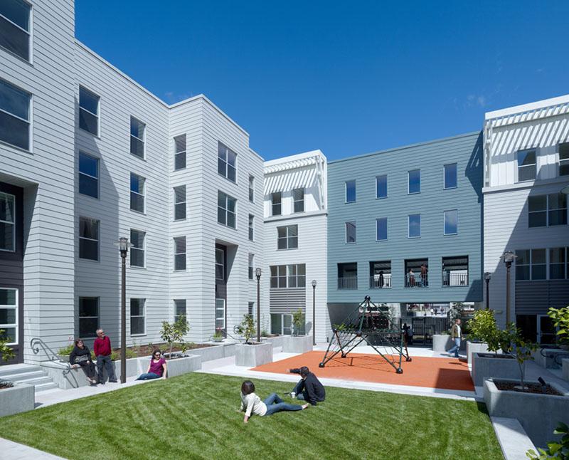 MOSAICA apartment building in SF with people in courtyard