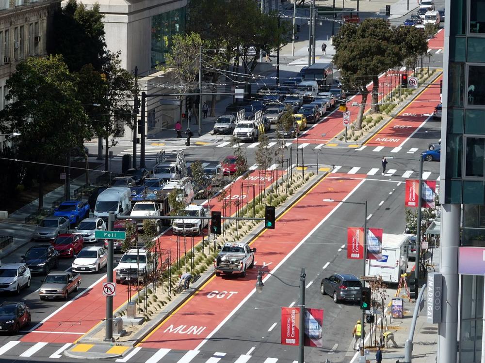 Overhead image of red transit-only lanes on Van Ness Avenue