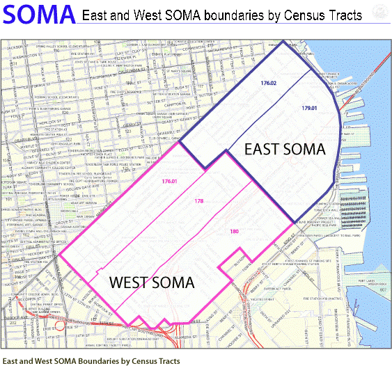 Map of East and West SOMA boundaries by Census Tracts