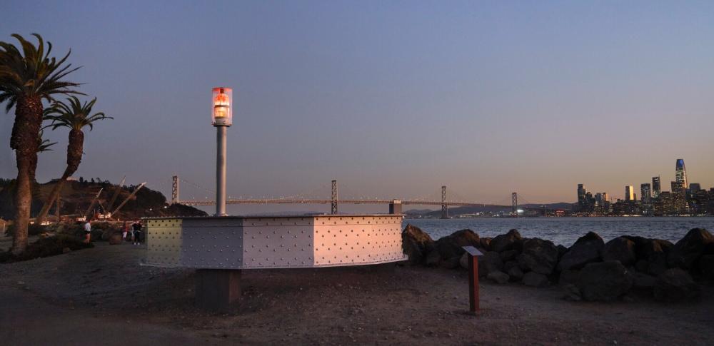 An image of the Signal artwork on Treasure Island with the Bay Bridge in the background