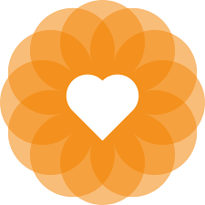 orange round graphic with a white heart