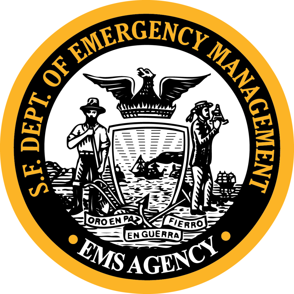 Emergency Medical Services Agency Logo that shows the department name and image of the city seal in black, white, and gold