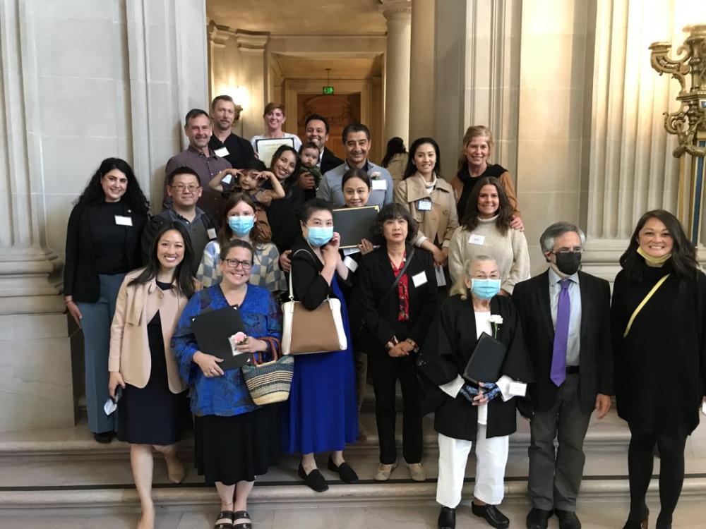 City Administrator Carmen Chu, Supervisor Aaron Peskin, Office of Small Business Executive Director Katy Tang, and the San Francisco Small Business Commission celebrate the 2022 Board of Supervisors Small Business Honorees as part of Small Business Week.
